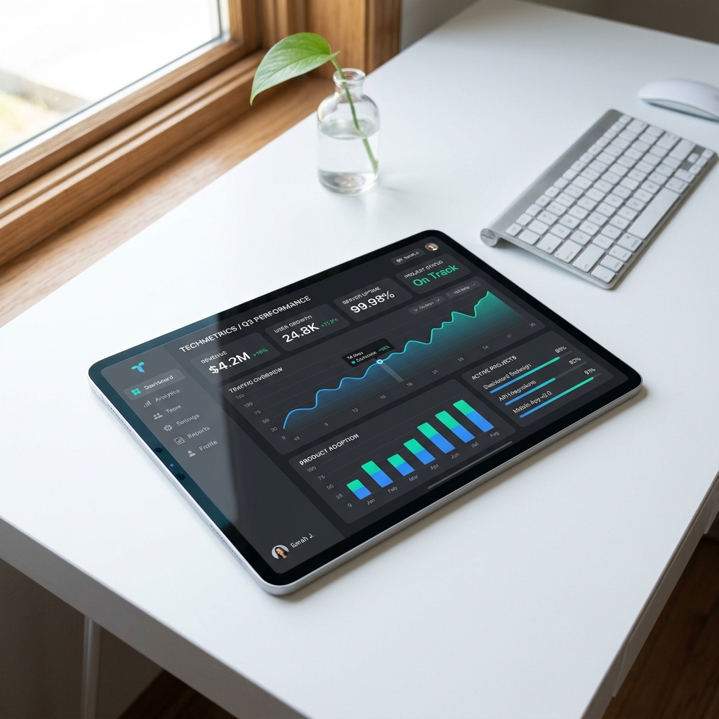 Sleek modern Dashboard UI mockup on a silver tablet